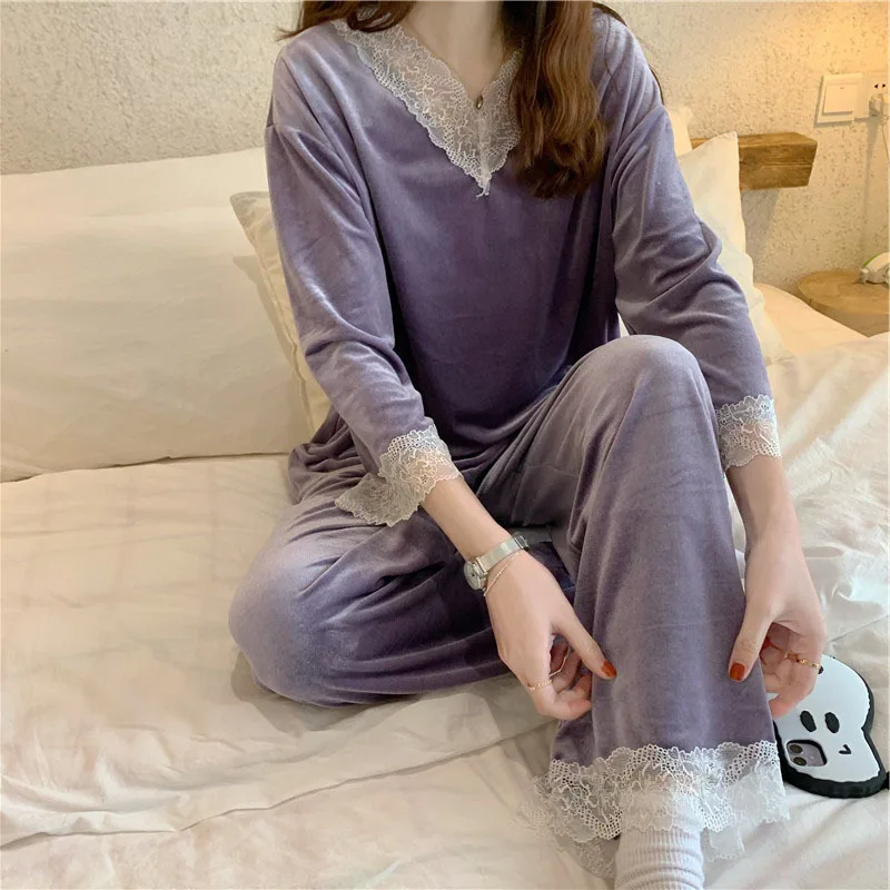 Fdfklak Lace Stitching Gold Velvet Sleepwear Pijamas Suit Female Homewear Mujer Spring Autumn New Women Pyjamas Sets