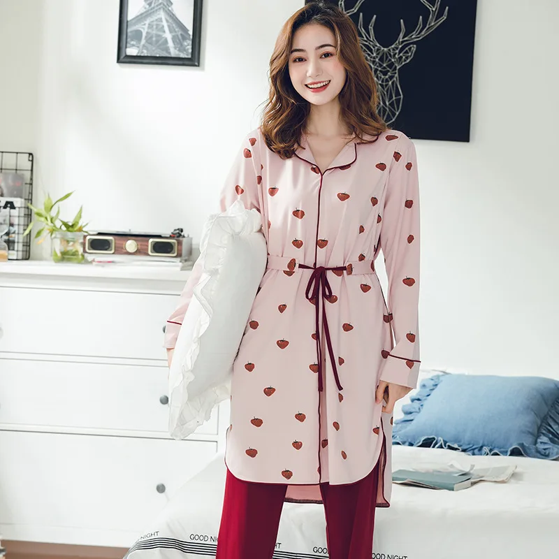 Spring and Summer New Confinement Clothes Cotton Nursing Pajamas Mid-length Korean Long Sleeve Strawberry Pattern Maternity Suit