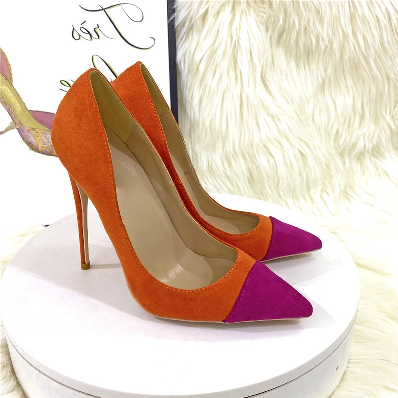 Heelgoo Orange Purple Patchwork Women Flock Pointy Toe High Heel Shoes Ladies Faux Suede Slip On Stiletto Pumps Plus Size 33-46