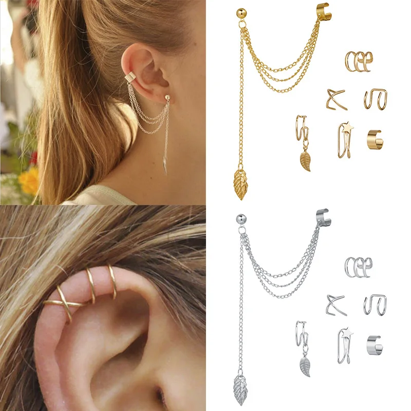 5/7-teiliges Set Modische Goldfarbene Ohrklemmen Ohne Piercing Ohrclips für Frauen Knorpel Fake Piercing Ohrring Schmuck Geschenke – Detail 1