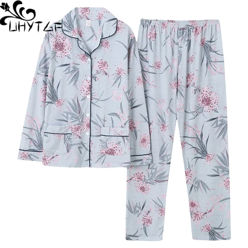 

UHYTGF pajamas womens cotton long sleeve printing comfortable spring autumn nightie for women loose big size home clothes 1753