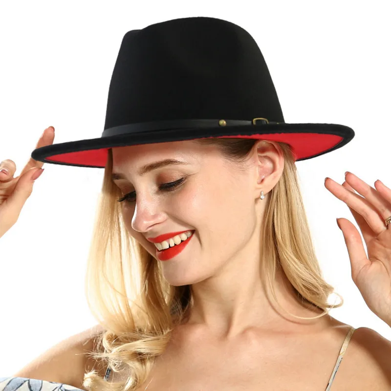 

H7546 Women Woolen Fedoras Hat Ladies Fashion Red and Black Wool Felt Flat Eave Jazz Cap Female Church Party Outdoor Simple Hats