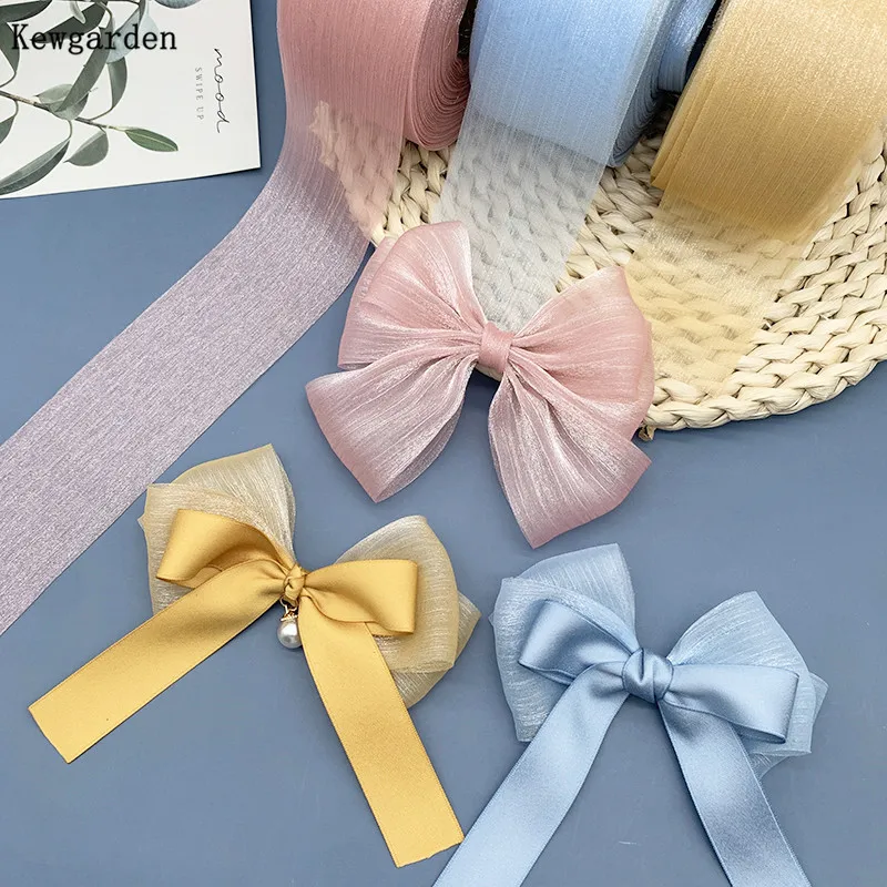 Kewgarden Wholesale 6CM Stripe Wrinkle Tulle Ribbon Handmade Tape Voile Ribbons DIY Bowknot Accessories Riband 50 Yards