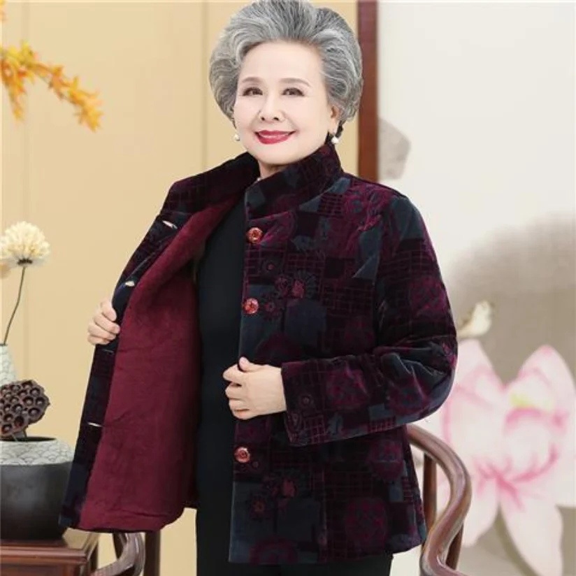 Grandma\'s Winter Coat Corduroy Clothes Female Middle-Aged And Elderly Thicken Mother Autumn Coat Cotton-Padded Jacket Print