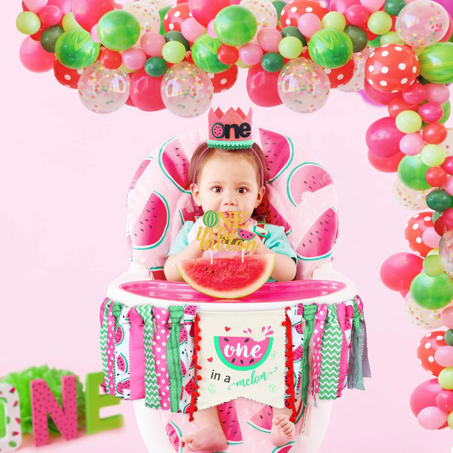 

1set Watermelon Theme Party Cake Topper Banner Balloons Summer Pool Party One Birthday Baby Shower Decoration DIY Home Supplies
