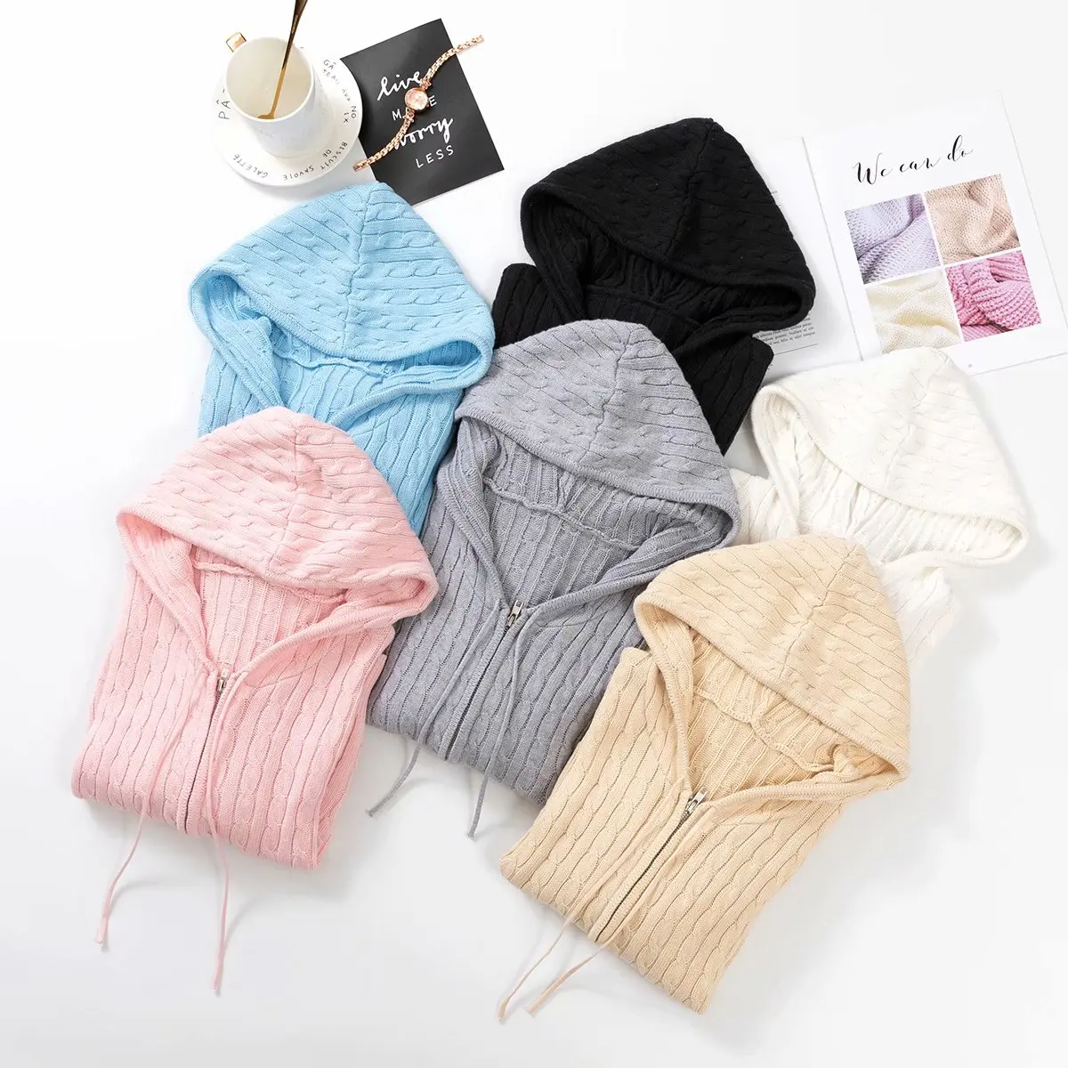 Long sleeve top korean fashion cropped cardigans women knit sweaters zipper up cute cardigan preppy style hooded sweater Autumn