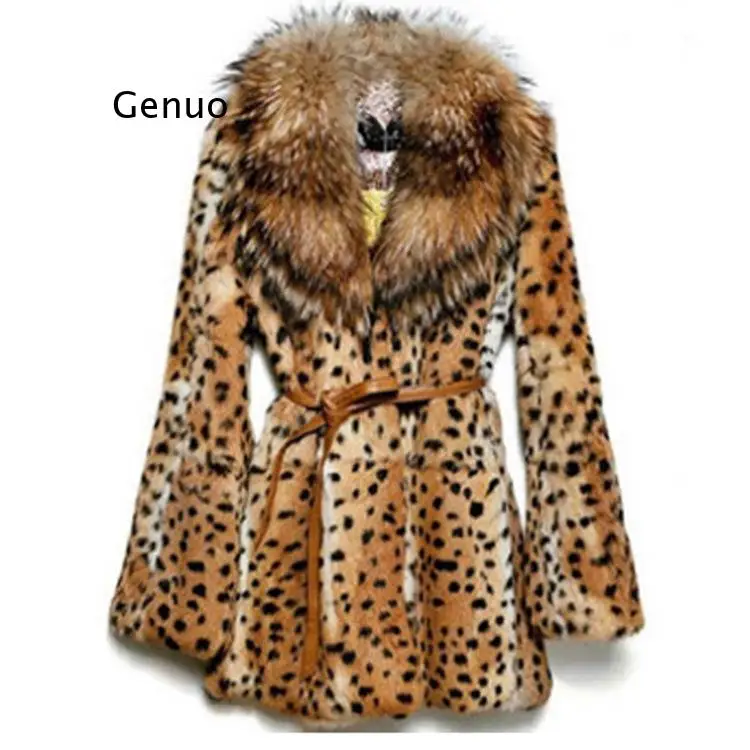 Abrigo de piel sintética con estampado de leopardo para mujer, abrigo informal con cuello de piel de mapache, Chaqueta larga de piel hecha a la moda para hombre