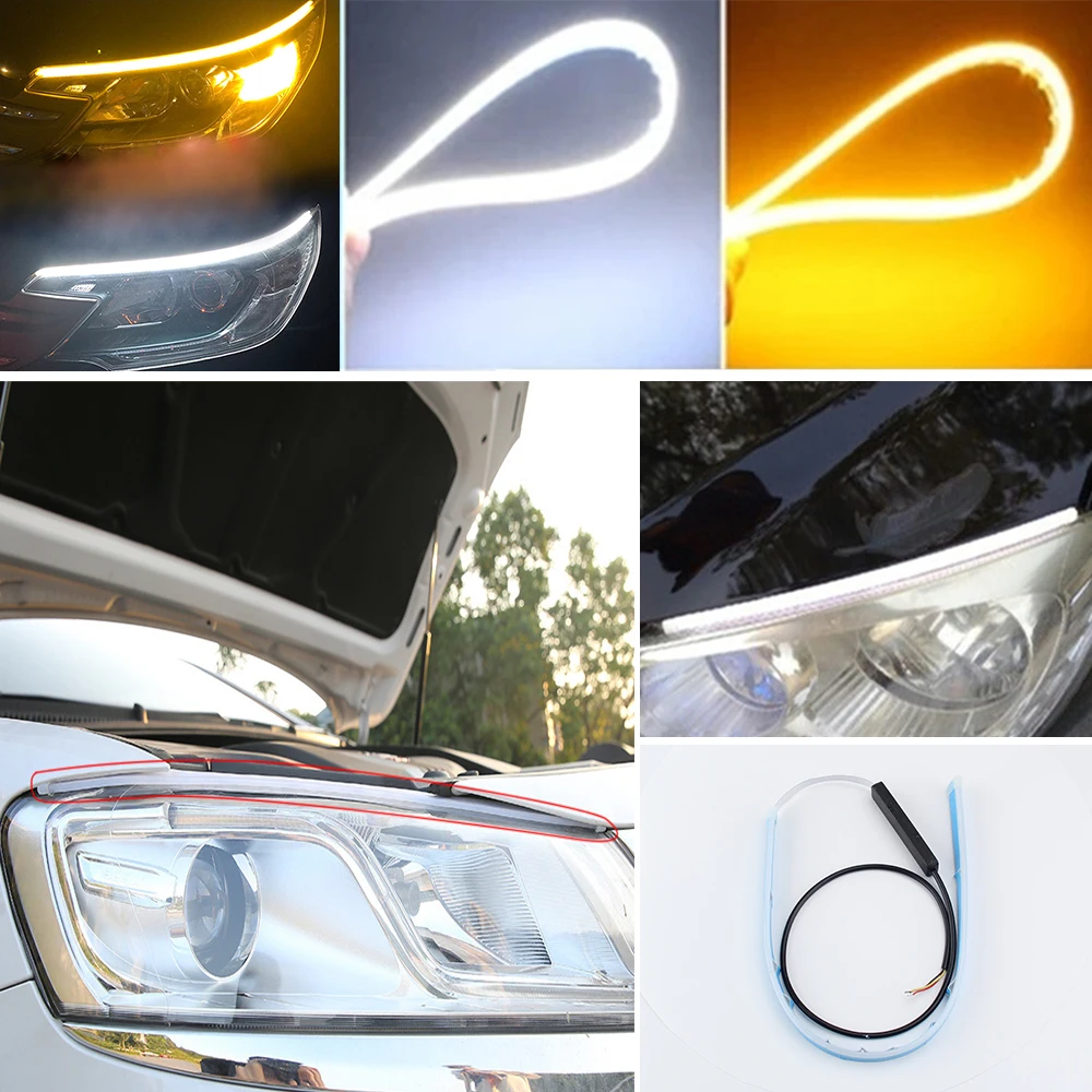 CO LIGHT Ultrafine Cars DRL 30cm 45cm 60cm LED Daytime Running Light White Turn Signal Yellow Guide Strip for Headlight Assembly