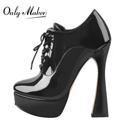 Onlymaker Women Platform Lace-Up Pumps Black PU Patent Leather Faux Suede Spike High Heels Shoes Office Lady Concise For Spring