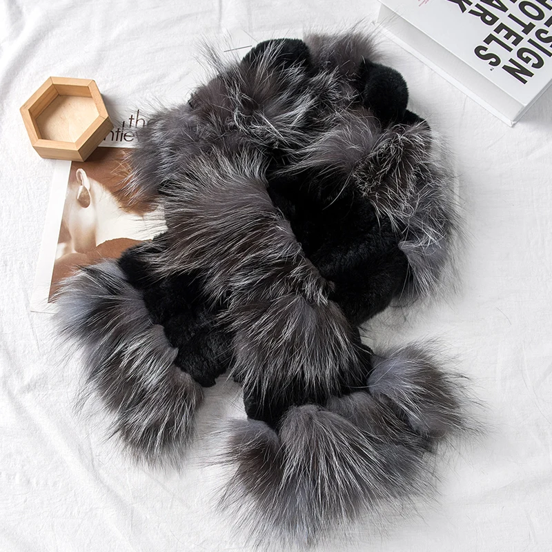 Winter Women Fox Fur With Rex Rabbit Fur Scarf Collar Female Wide Knitted Big Long Sjaal Mujer Red Silver Fox Fur Warm Shawl