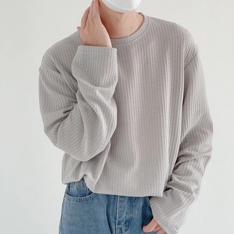 Spring 2022 Autumn New O-Neck Long Sleeve Mens Loose Korean Style Pullover Concise High Street Fashion Solid Casual Male Blouse