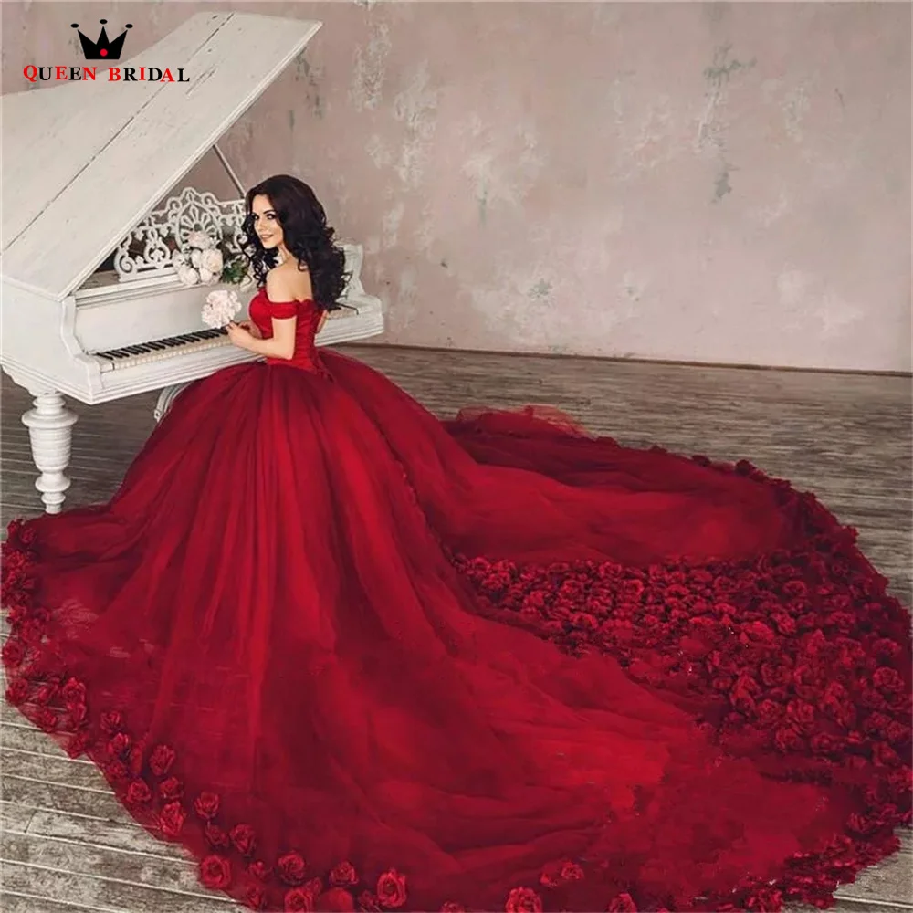 Wine Red Wedding Dresses Ball Gown Big Train Tulle 3D Flowers Appliques Luxury Formal Bride Gown Custom Made JY69