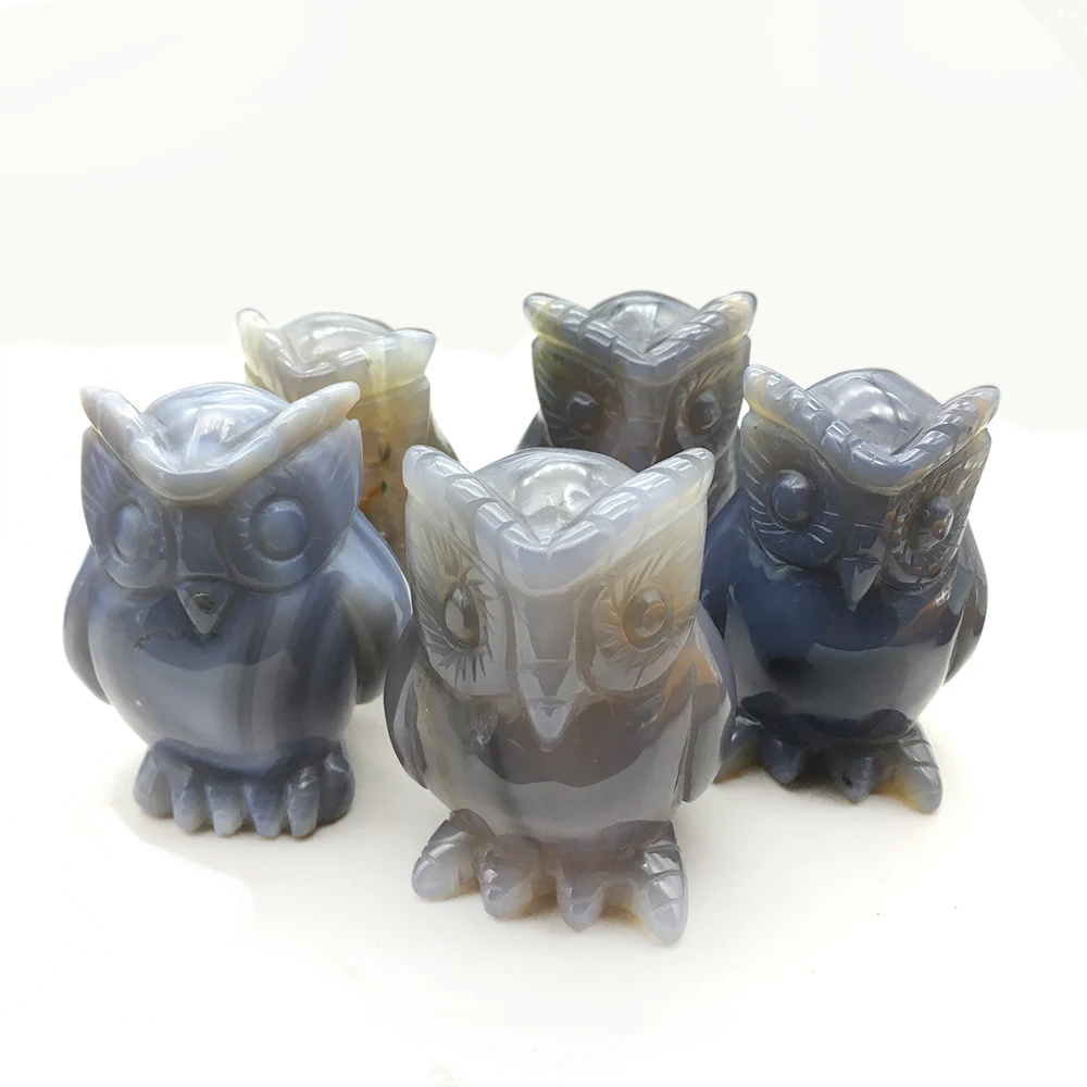 

55-60mm Natural Agate Owl Figurines Miniatures Handmade Carved Onyx Mini Animal Statue Feng Shui Healing Crystal Home Decoration