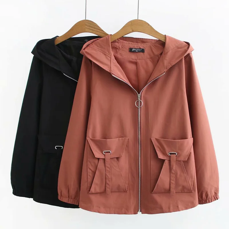 

Middle-aged Women's Coat Short Hooded Pocket Casual Jacket Spring Autumn Windbreaker Outerwear Mom Coats Tooling Female 5XL