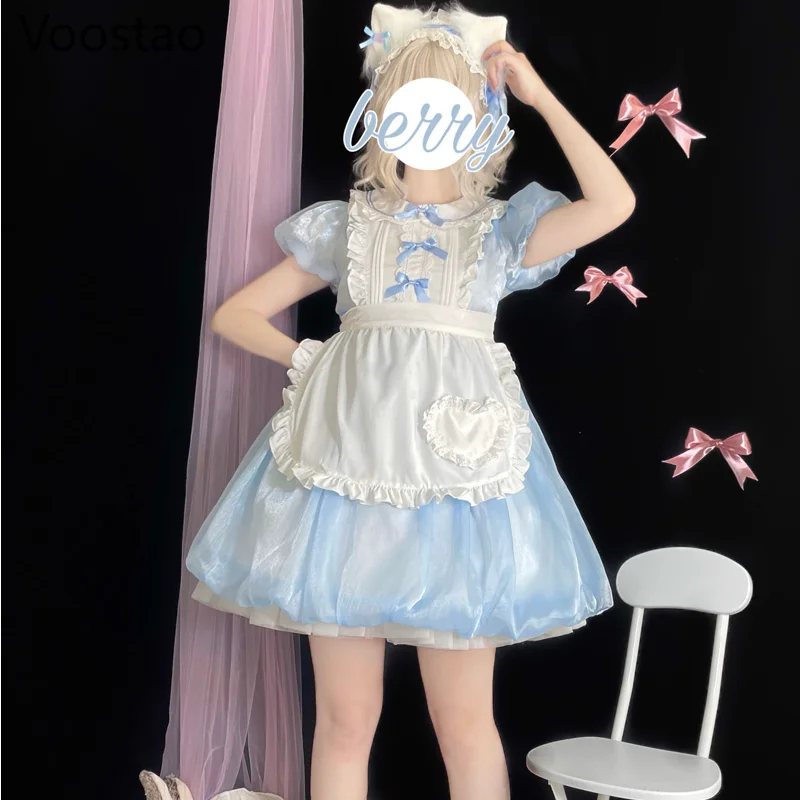 Japanse Zoete Lolita Op Jurk Zomer Vrouwen Victoriaanse Leuke Puff Mouwen Party Dress Vintage Meisjes Kawaii Boog Ruches Maid Jurken