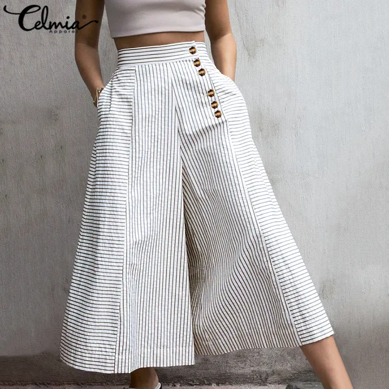 Casual Striped Pants Celmia Women 2023 High Waist Loose Wide Leg Trousers Autumn Office Pockets Buttons Pantalon Femme 