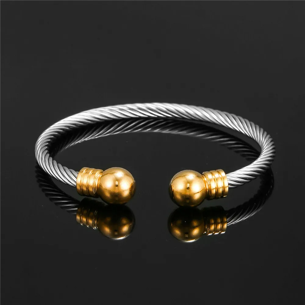 New Titanium Steel Charm Ball Open Cuff Bangle Women Bracelet Stainless Steel Gold Color Wire Rope Women Bangle Fashion Jewelry