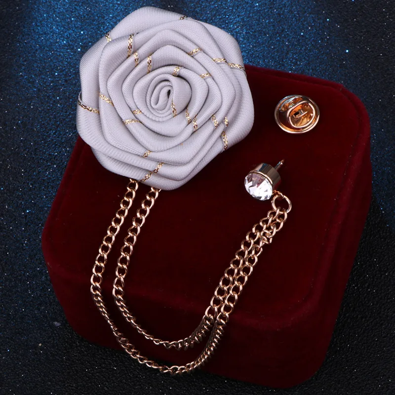 Korean Style Handmade Rose Flower Brooch Pin for Men Wedding Groomsmen Tassel Chain Lapel Accessory Cloth Art Suit Badge