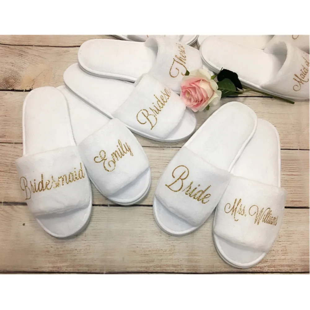 

Personalized Wedding Slippers glitter gold Bride Slippers Bridesmaid Gifts Custom Print Shoes Bachelorette Party Favors Open Toe