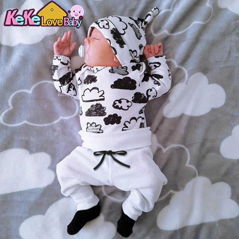 Baby Boy Clothes Set Autumn Newborn Infant Cartoon Cloud Top Pants Hat New Born Baby Boys Girls Outfits Kids Clothes Suit