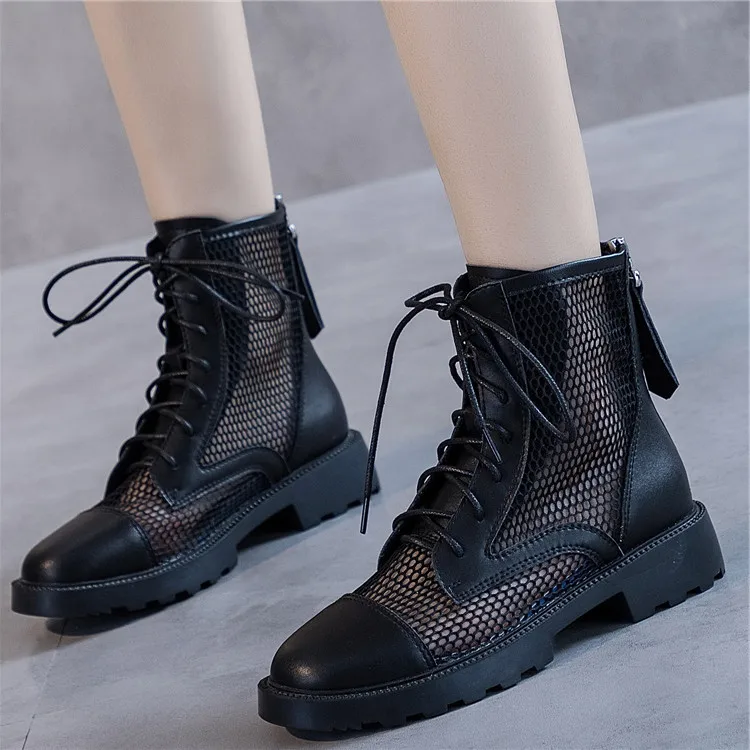 summer 2021 leather low-heel mesh short boots hollow holes zippered cool boots female boots women boots women shoes