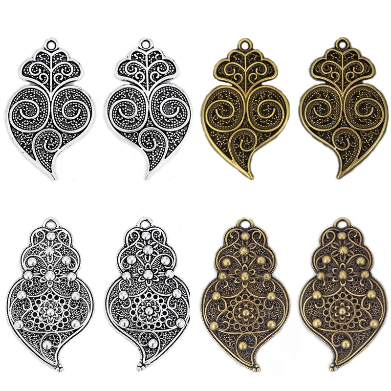 6Pcs Tibetan Silver Ethnic Hollow Filigree Heart Charms Pendant For DIY Boho Necklace Bracelet Jewelry Making Supplies