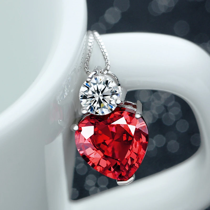 Women Jewelry 925 Sterling Silver Shine Red AAA Zircon Heart Pendant Necklaces Fine Gift Wedding Love Rhinestone CZ Charm Choker