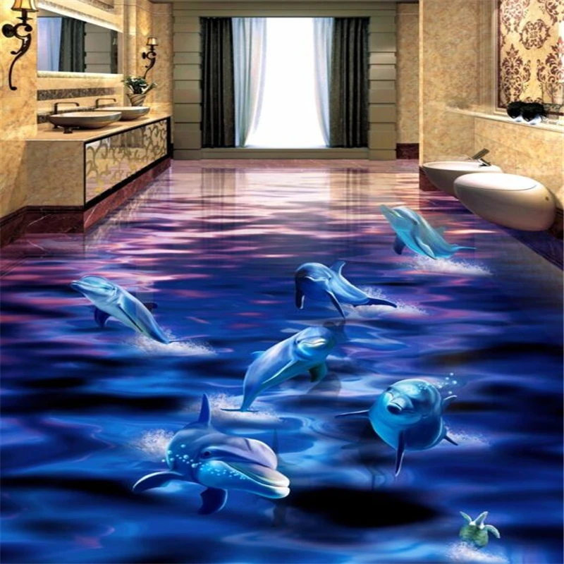 

Custom flooring 3d mural dolphins rushing out of the water ocean world 3D bathroom living room floor tiles 3d papel de parede