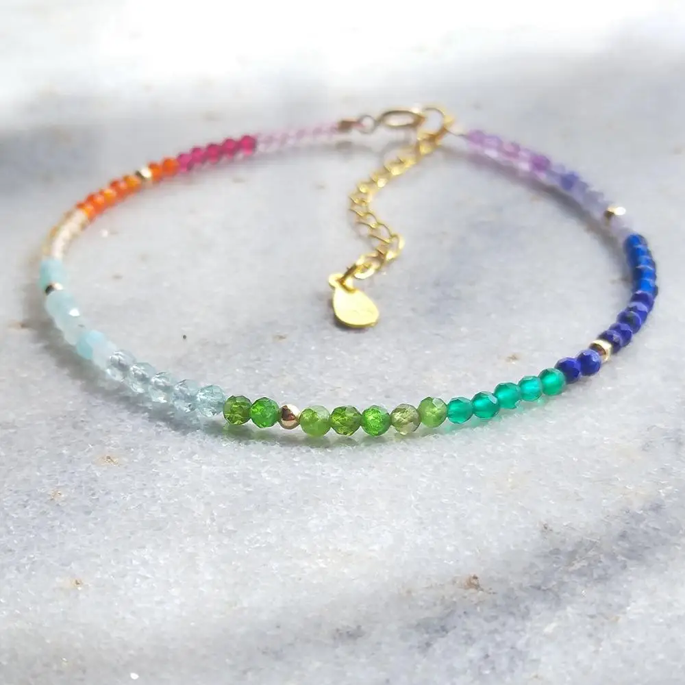 LiiJi Real Stone Small Rainbow Healing Stone 925 Sterling Silver Gold Color Adjustable Bracelet For Women Girls Jewelry