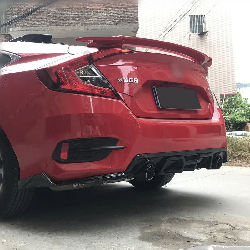 Rear Lip Spoiler Diffuser Bumper Lip For Honda Civic 10th Gen 2016 2017 2018 2019 Exhaust Pipe Tuning Body Kit Carbon Fiber Look