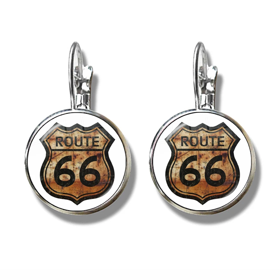 Fashion Motorcycles Pattern French Hook Earrings US Flag Route 66 Design 16mm Glass Cabochon Jewelry For Women Girls Gift