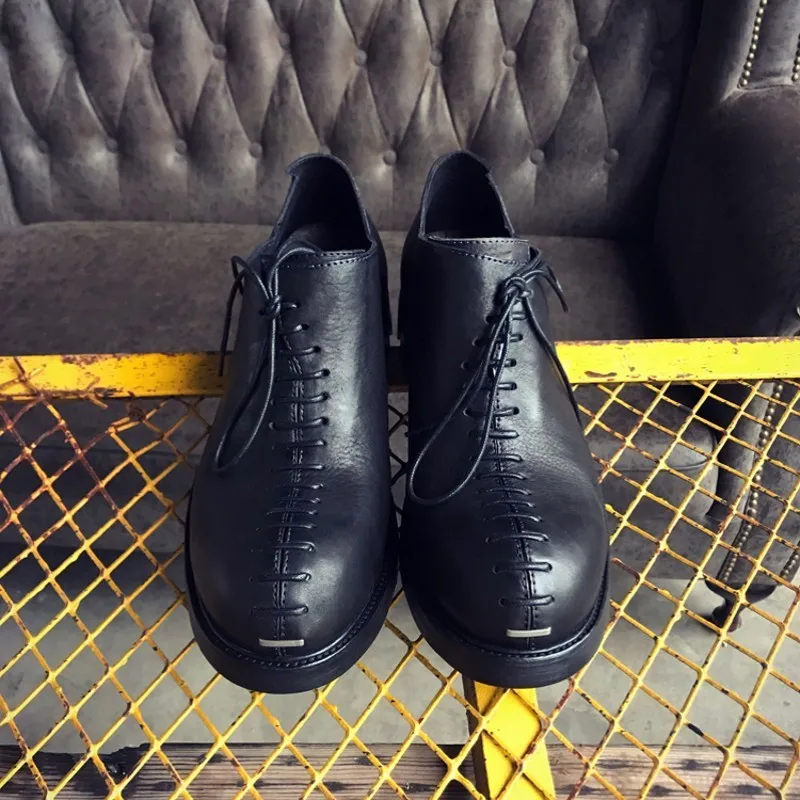 Harajuku Vintage New Genuine Leather Mens Dress Shoes High Quality Thick Bottom Increase Round Toe Lace Up Male Low Help Shoes