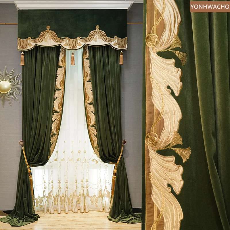 

Custom curtain French luxury flannel thick green embroidered living room velvet cloth blackout curtain valance tulle panel C608