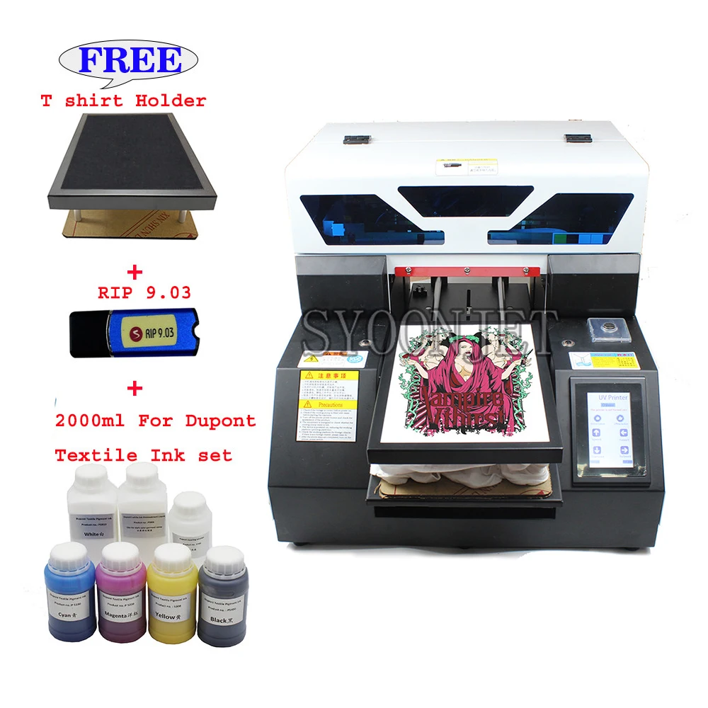 Automatic dtg A4 dark T-shirt Jeans textile fabric Printer with Textile ink set with Touch screen &White ink cycle system