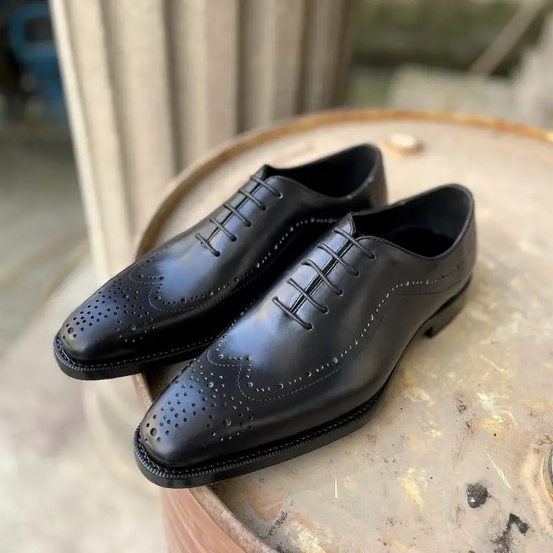 2020 Autumn Winter Black Dress Shoes For Men Italian Handmade Goodyear Welted Brogues Oxfords Grooms Formal Suits Social Black