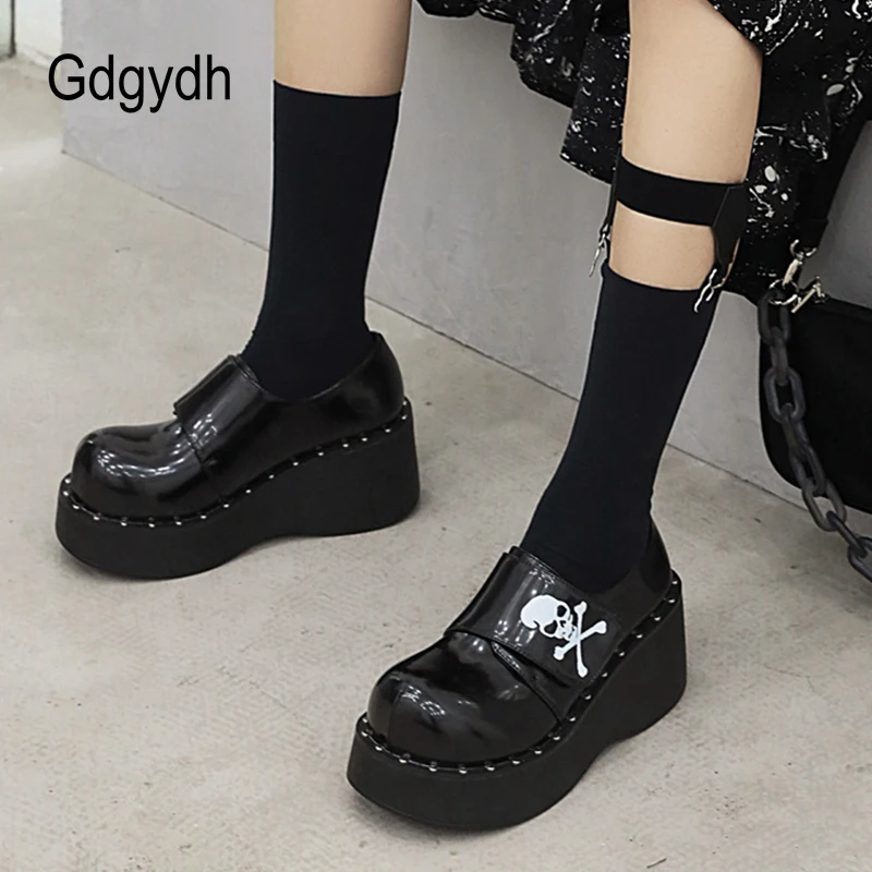 Gdgydh Devil Fashion Gothic Platform Shoes Women Hook Loop Trendy Street Skull Women\'s Pumps Light Leather Japanese Harajuku