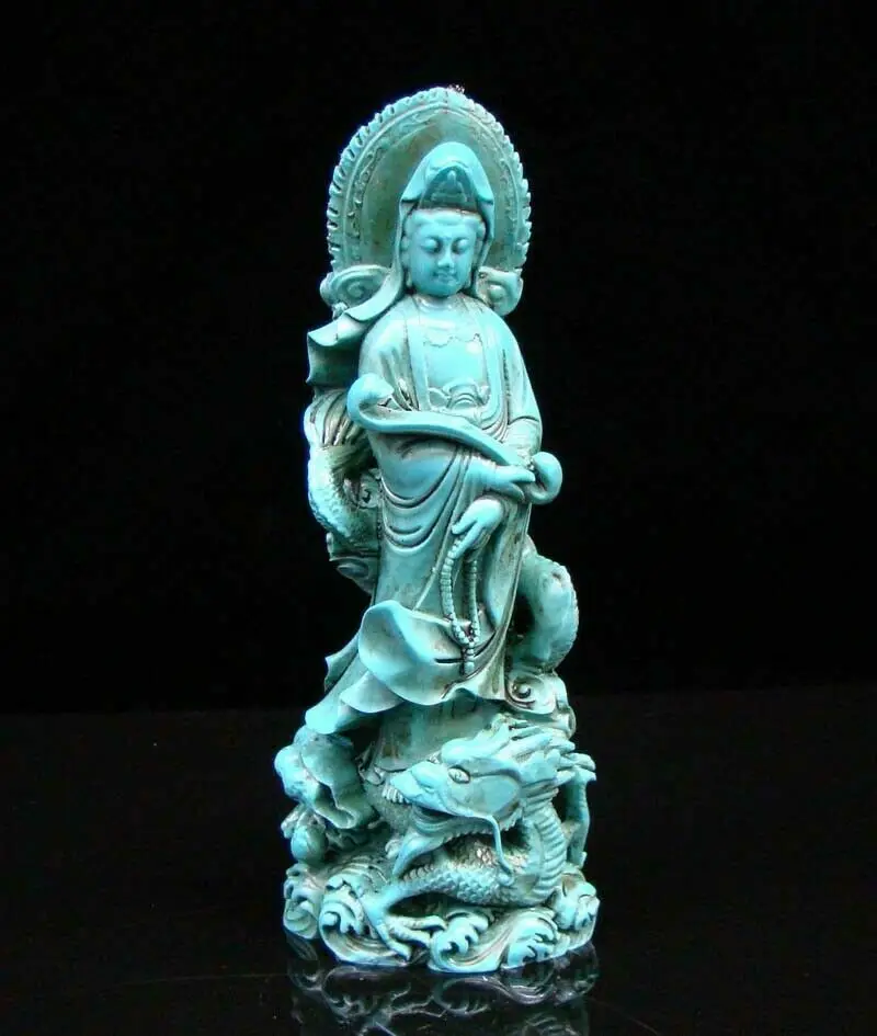 

Chinese Turquoise Handmade Carved Statue Kwan-yin Dragon RuYi Exquisite