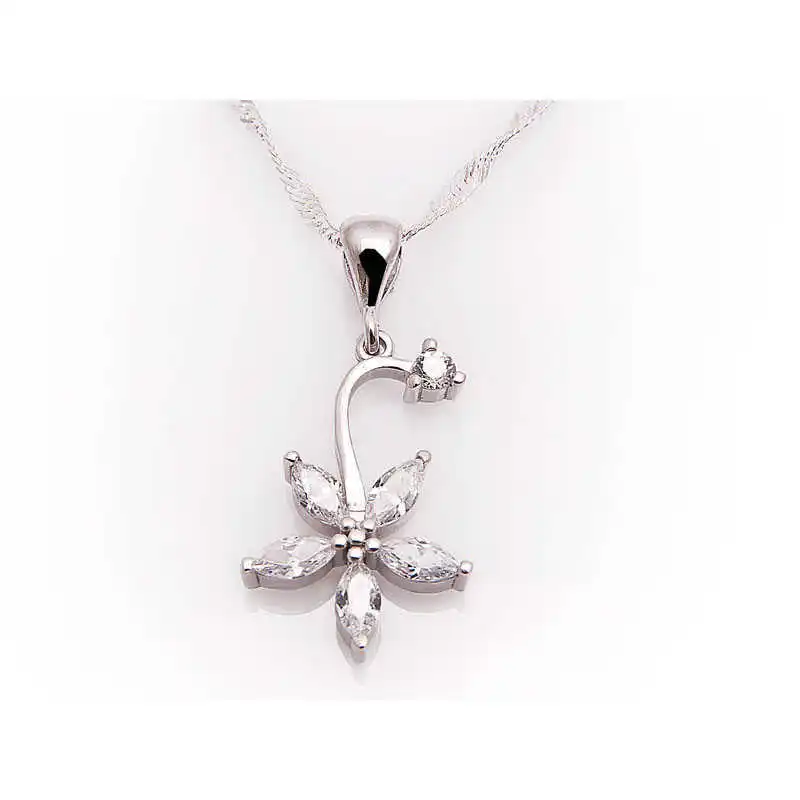 Silver Flower Lady Necklace Zircon Stone 925 Sterling Women Fine Jewelry Wedding Party Birthday Gift - Jeweled - Box - Pendant - Chain Choker - Female - Ladies - Fashion