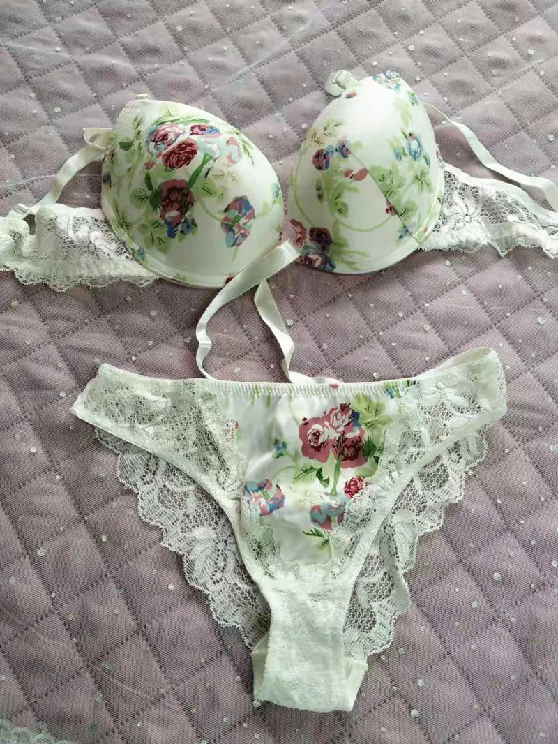 Luxury Satin Bra Set Floral Print Lace Underwear Women\'s Ladies Lingerie with See Through Bikini Panties Sexy Lace Plus Size