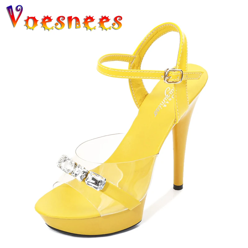 Voesnees 2021 Walking Show Artifact Model High Heels 13-15CM Woman Shoes Sandals Clear Sexy Platform Crystal Party Wedding Shoes