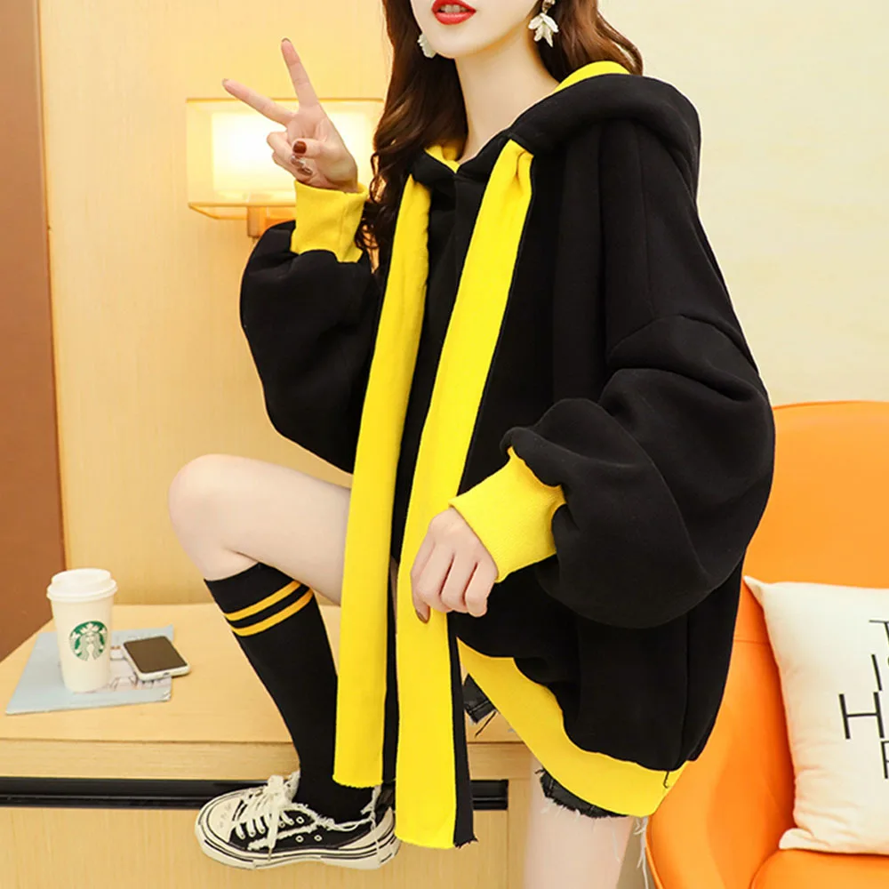 2022 Korean Hooded Sweatshirts Casual Solid Patchwork Long Sleeve Thick Fleece Hoodies Fashion Mid Length Hoodie