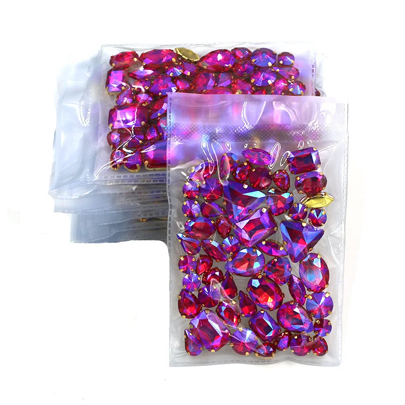 New arrival Wholesale 5 bags mixed shape sew on glass crystal Red AB  rhinestones gold base for clothing/dress