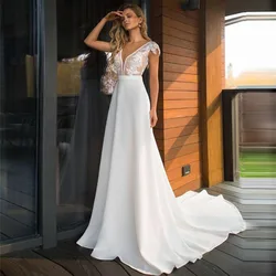 Boho Deep V-Neck Wedding Dress for Bride 2022 Elegant Lace Appliques Backless Chiffon Robe De Mariée Custom Made Real Photo