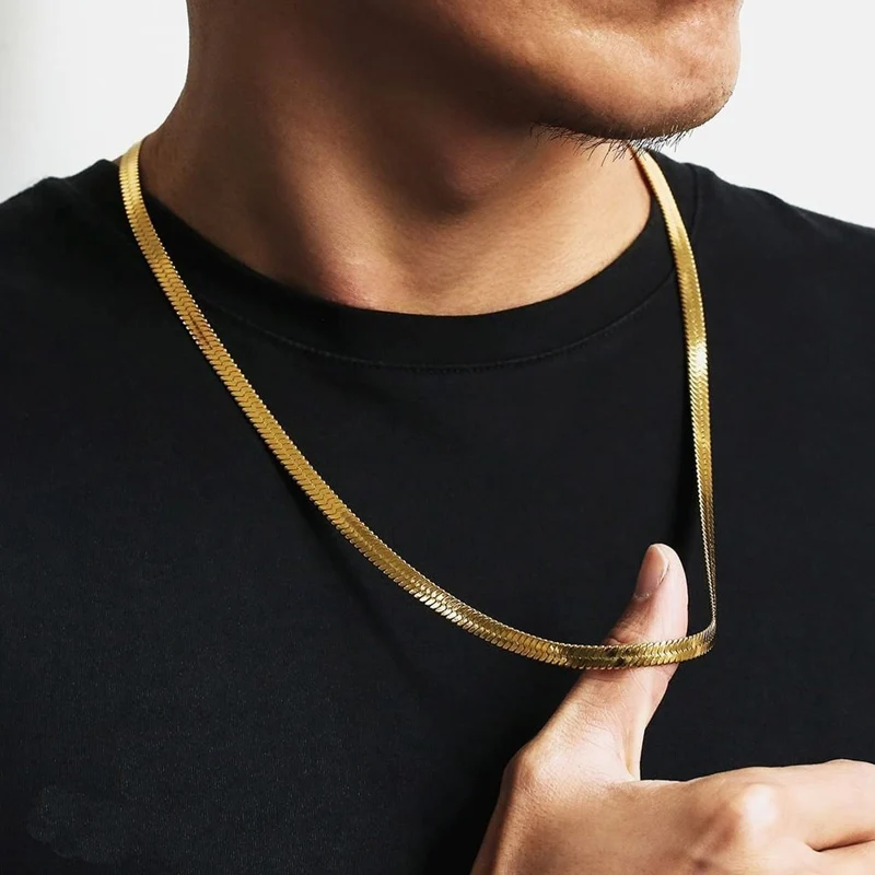 Snake Necklace Men,Gold Color Flat Snakes Chain Necklaces Layering Simple Herringbon Link Choker Men Women Jewelry 38cm - 60cm