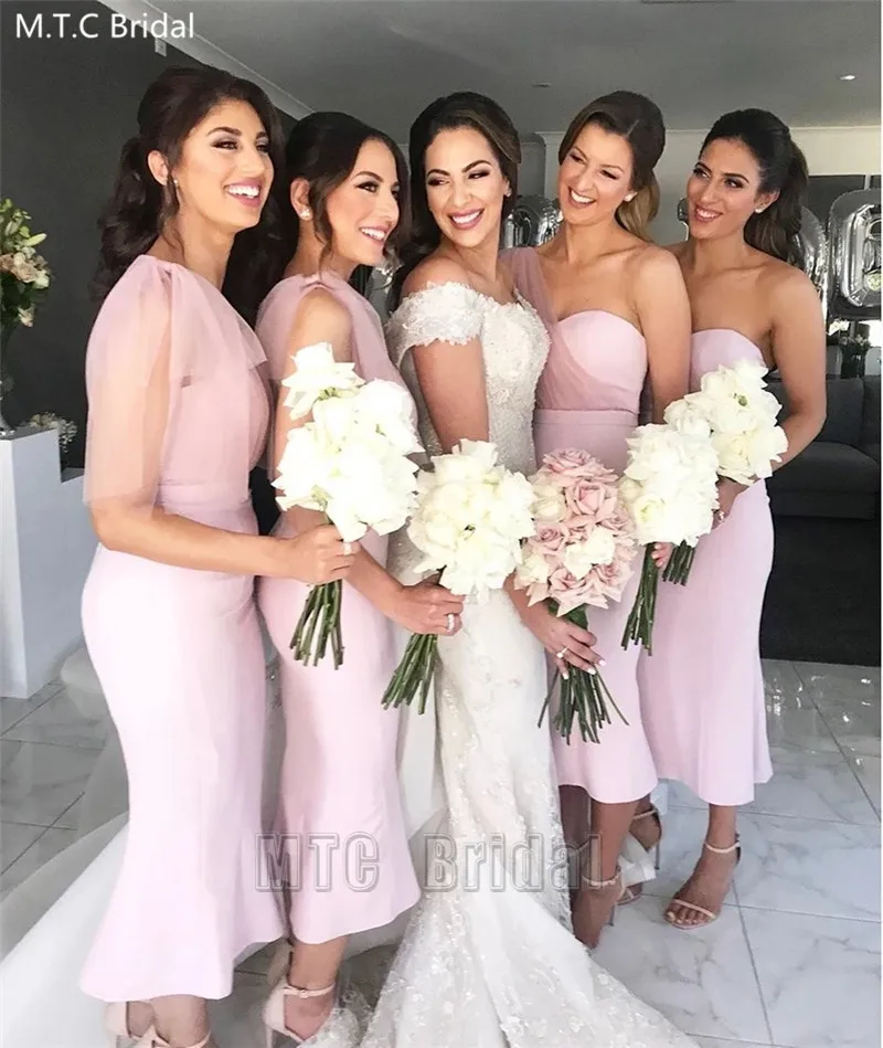 Curto dusty rosa vestidos de dama de honra um ombro bainha chá comprimento personalizar dama de honra vestido plus size vestidos de festa de casamento