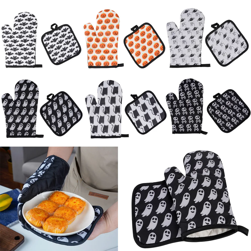 1 Set Microwave Oven Gloves With Pad Anti-scalding Mitts Halloween Pattern Tray Dish Bowl Holder Kitchen BBQ Baking Tools