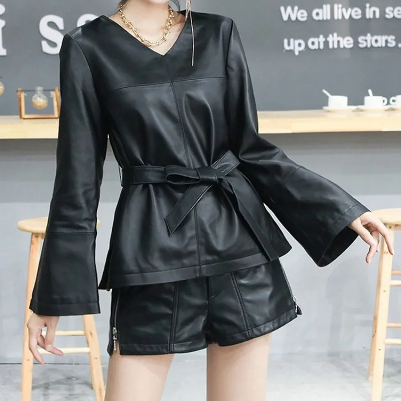 Women OL Style Real Leather Jacket Flare Sleeve V-Neck Pullover Short Sheepskin Coat High Street Office Lady Loose Sashes Tops