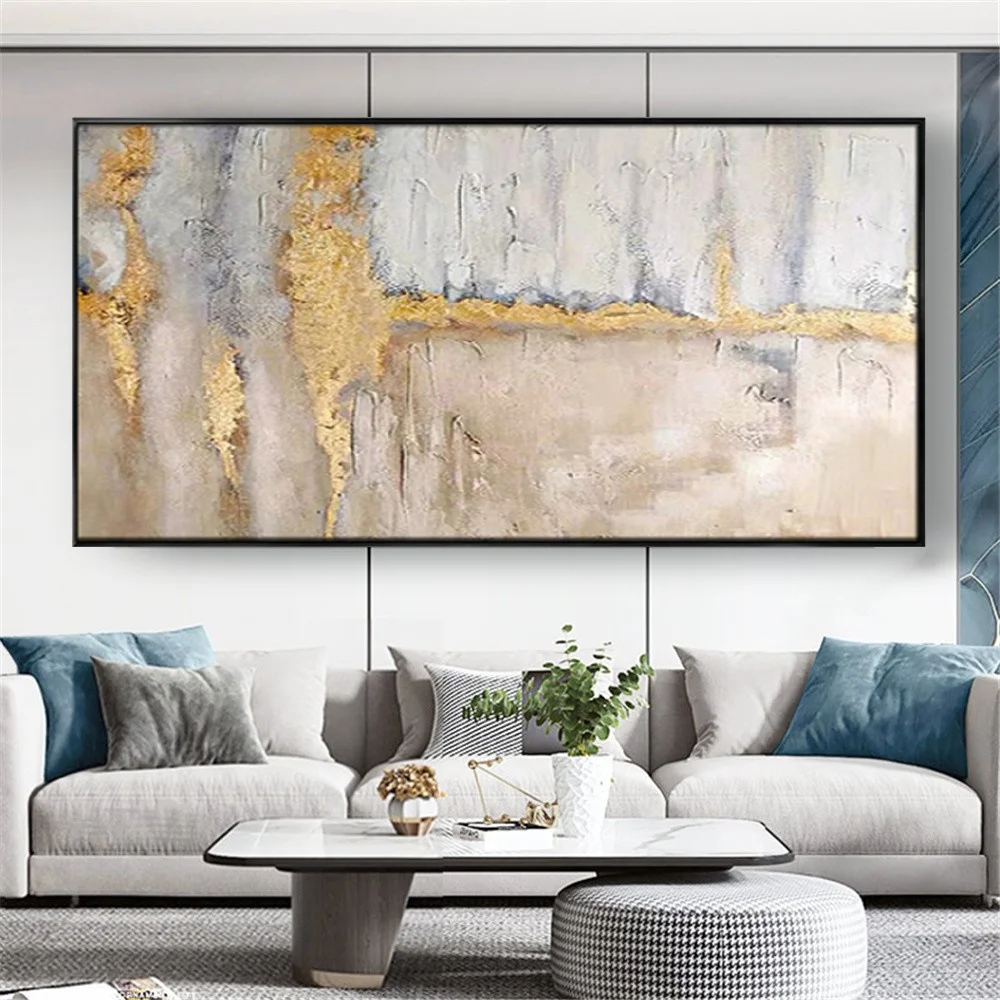 

100% Handmade Oil Paintings Wall Art Mural Home Decor Canvas Painting Living Room Modern Gold And White Texture Hanging Pictures