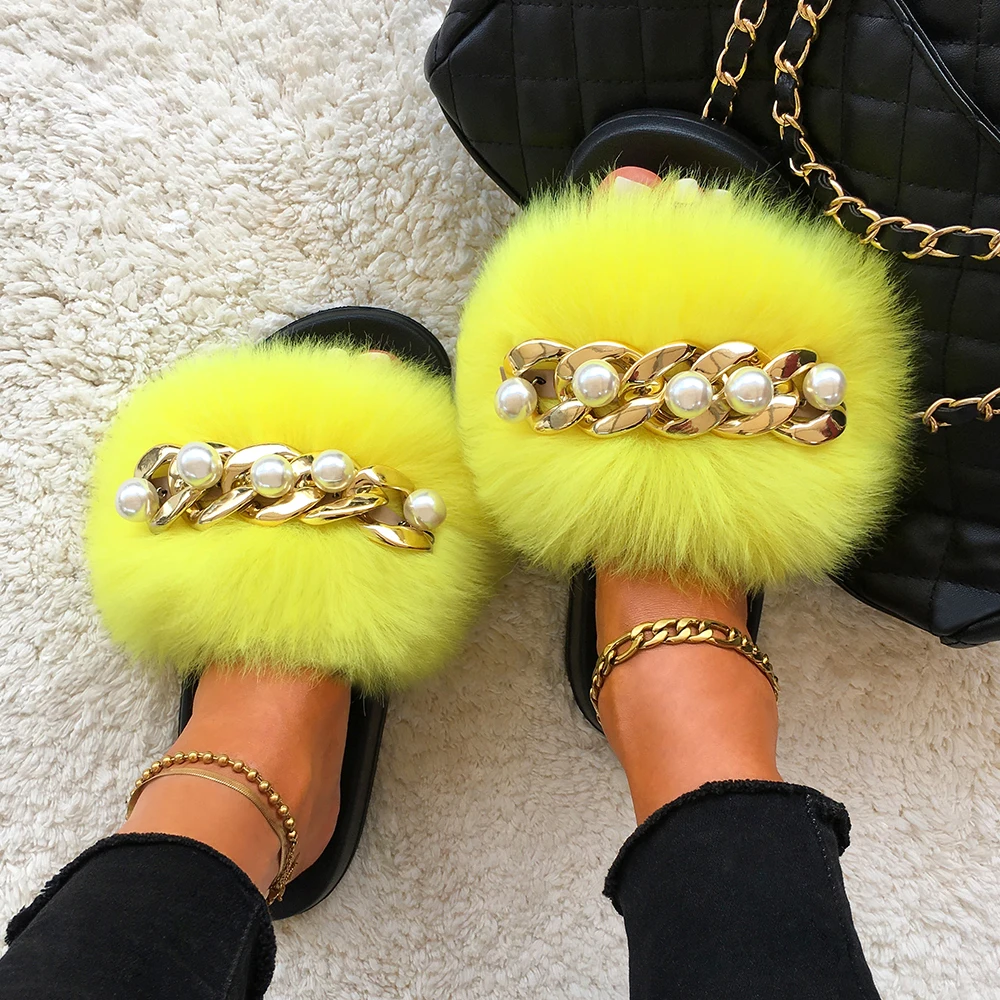 Fluffy Slippers Women Flip Flops Luxury Pearl Chain Faux Fur Slides Flat House Slippers Beach Summer Sandals Ladies Casual Shoes