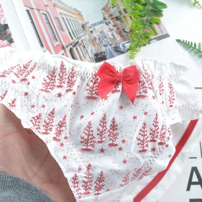 Japanese Style Cute Lovely Christmas Tree Cotton Women Panties Bow Flounced Low Waist Soft Seamless Female Underwear Breifs